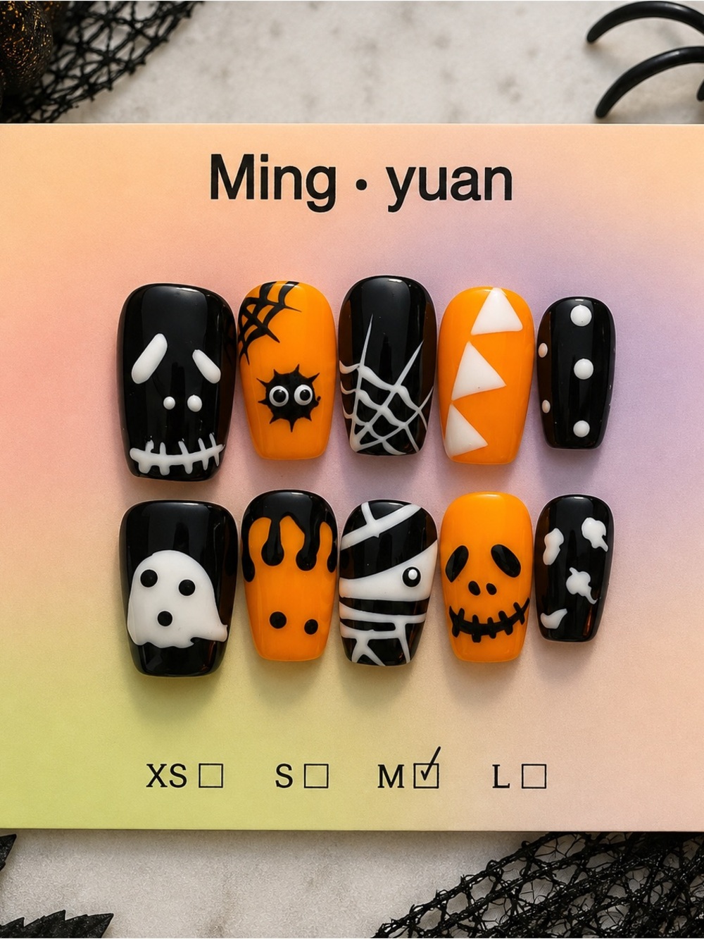 🎃 Halloween Ghost, Spider & Mummy Press-On Nails – Size Medium 👻🕷️